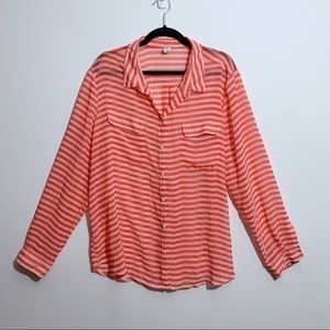 Old Navy Sheer Coral Stripe Button Down Blouse XXL Lightweight Top